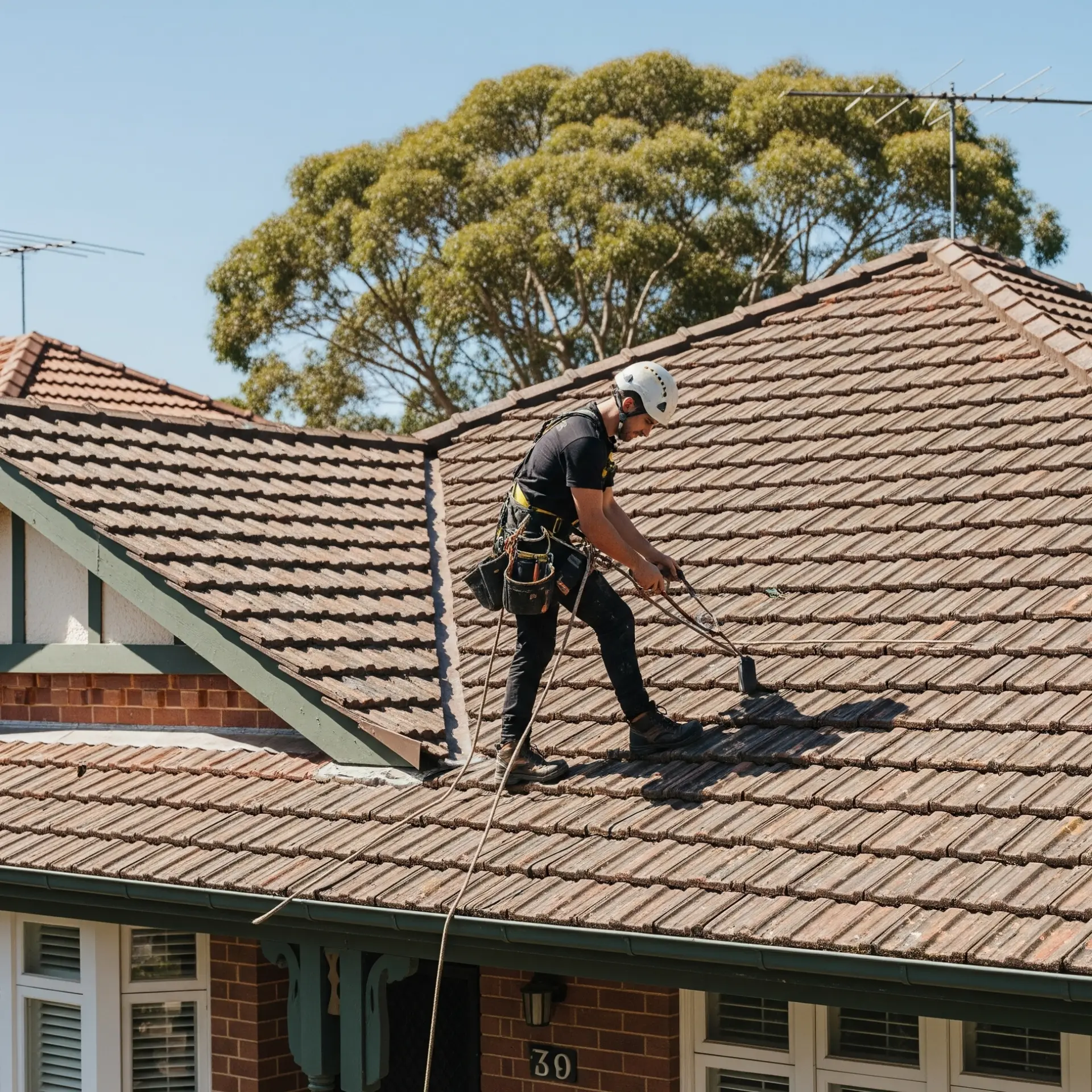 Professional roofer carrying out roof repairs on Sydney home