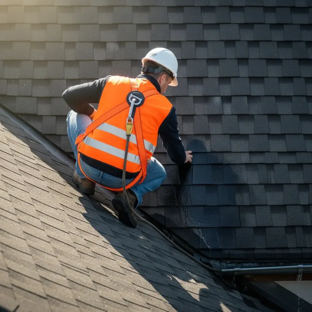 Roofer replacing damaged roof tiles on suburban Sydney home with roof leak