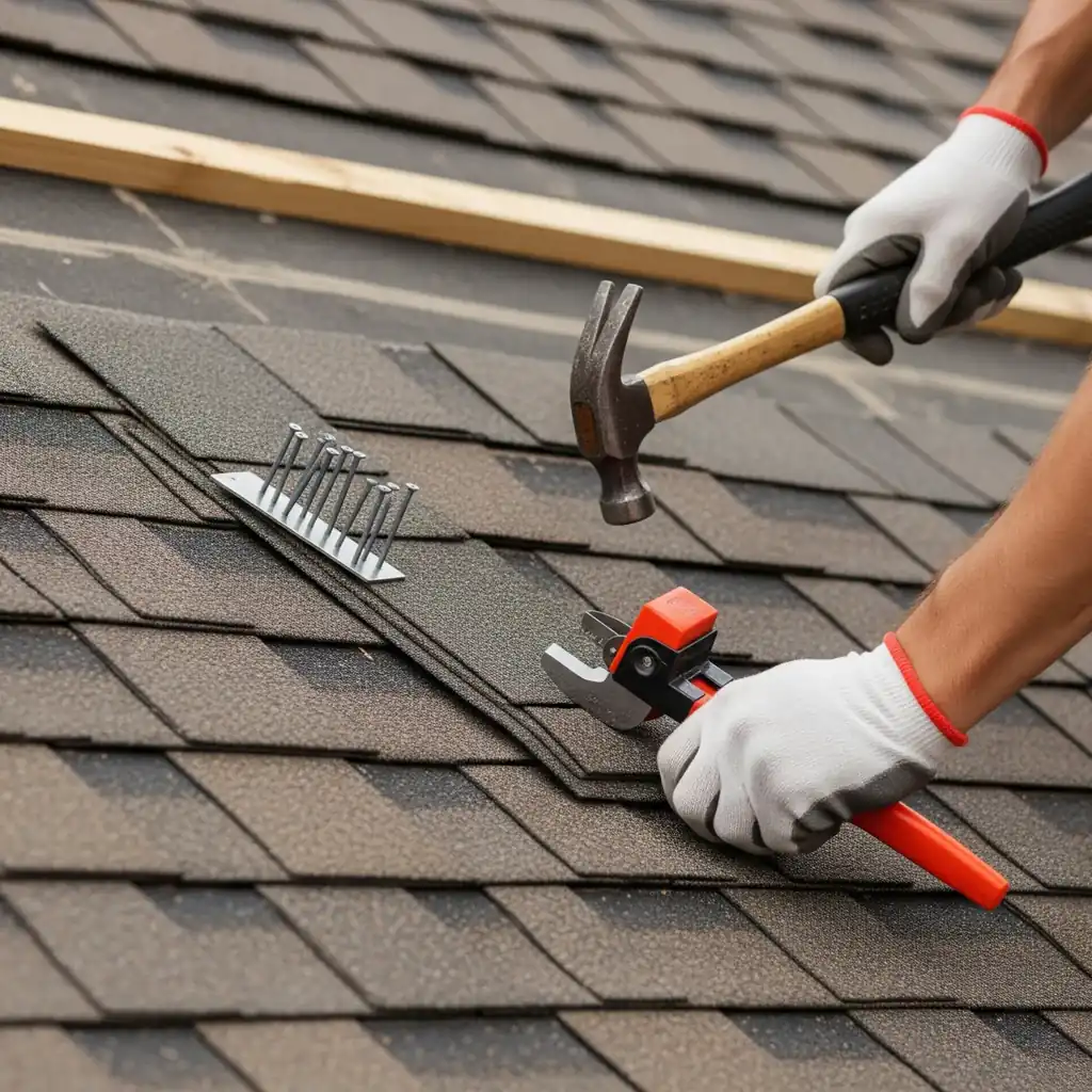 Roofer carrying out roof repair work with roofing tools and materials