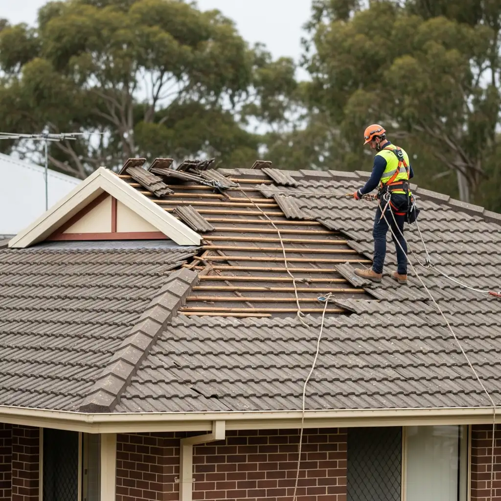 Roofer removing roof tiles during roof repair work
