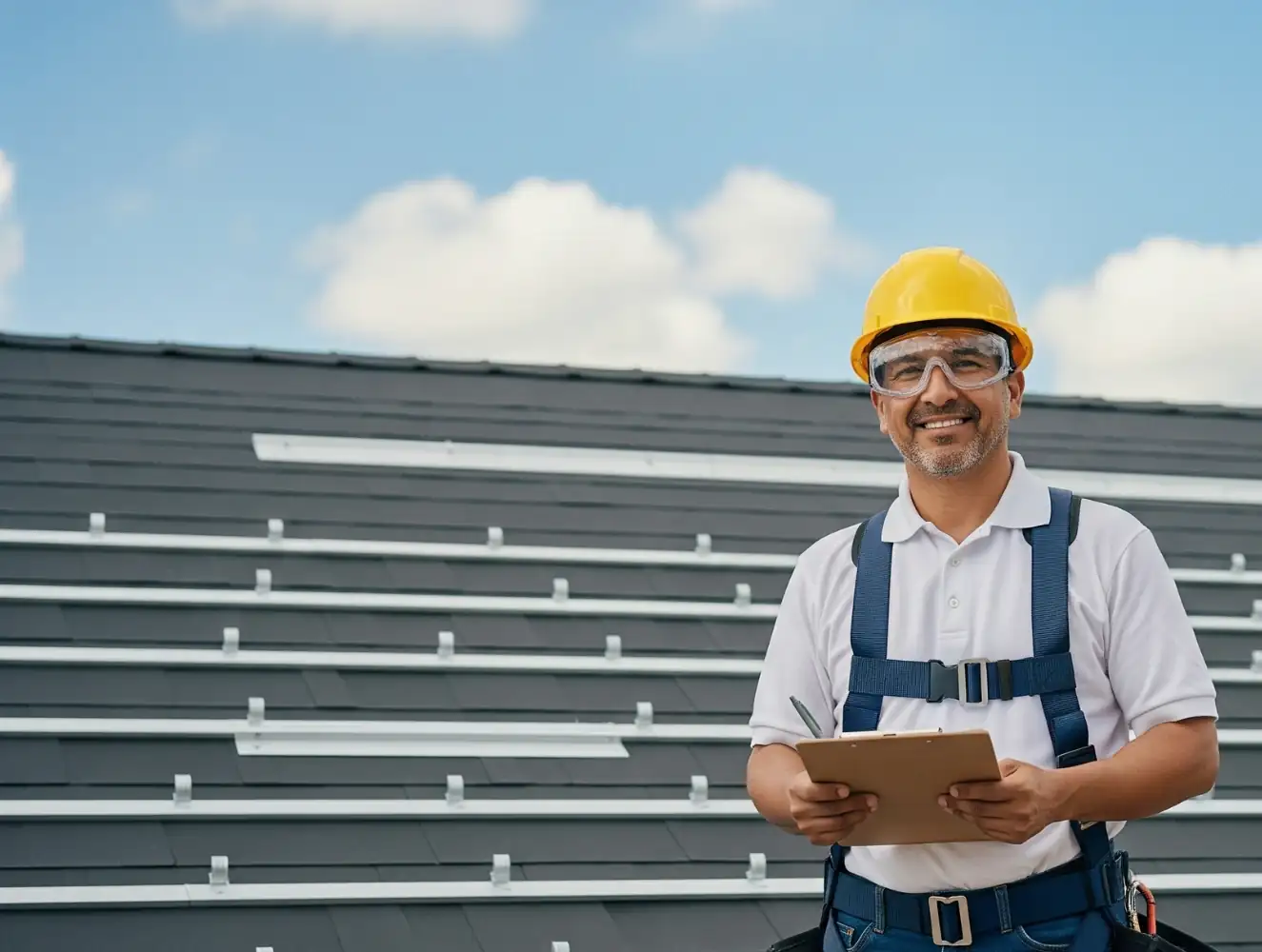 Roofing professional holding a clipboard beside a tiled roof