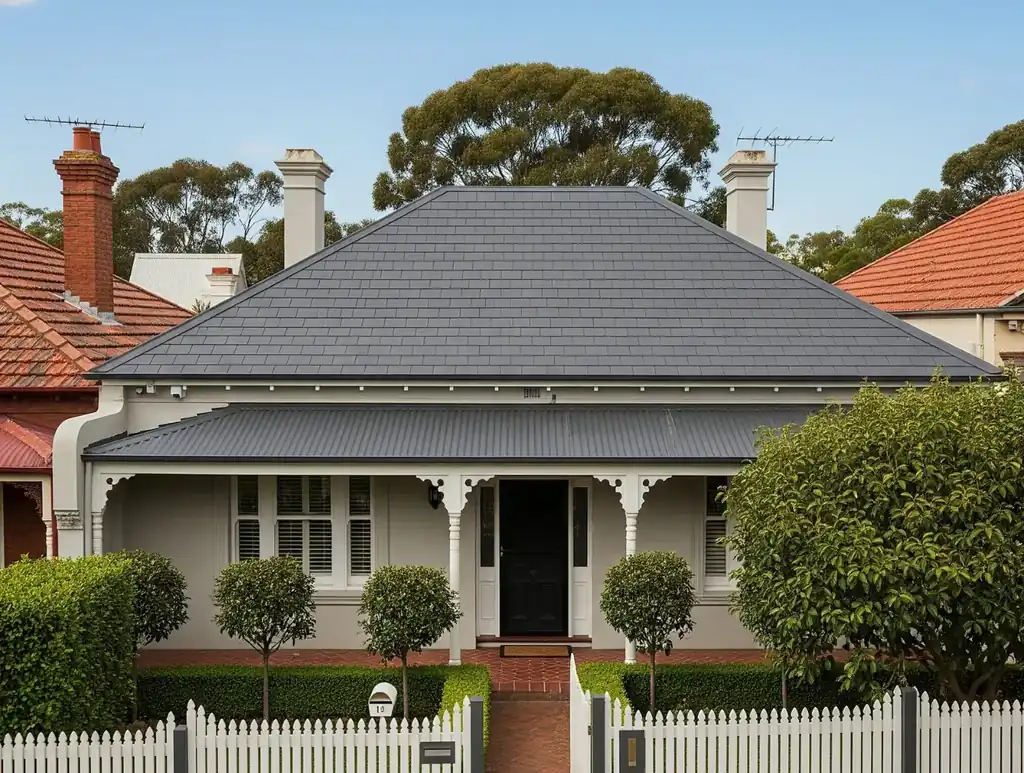 Aerial view of a modern grey tiled roof on a Sydney home