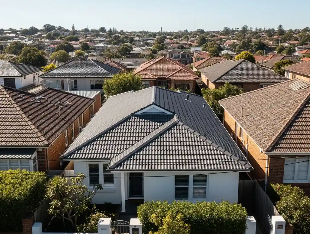 Aerial view of tiled residential roofs in a Sydney suburb