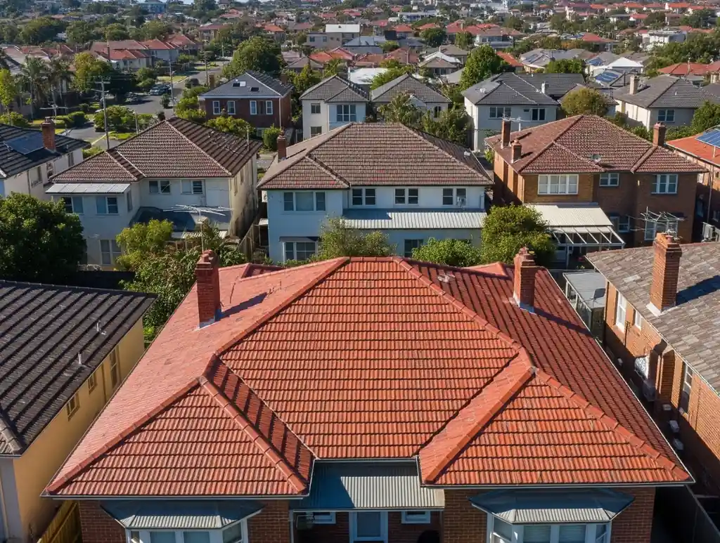 Aerial view of red tiled roofs in a Sydney suburb