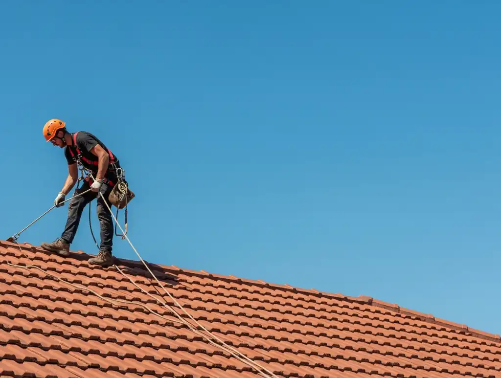 Roofer working safely on a terracotta tiled roof in Sydney