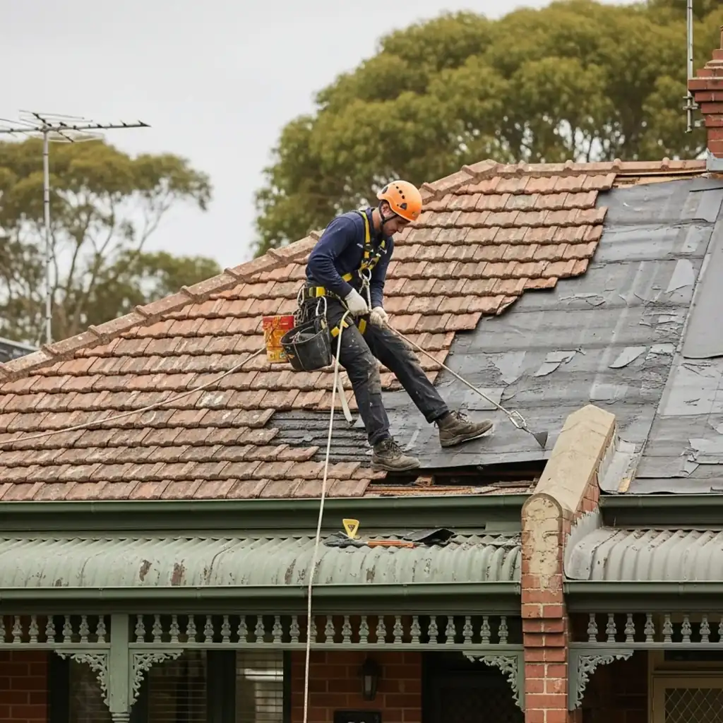 Roofer repairing a tiled roof on a Sydney home