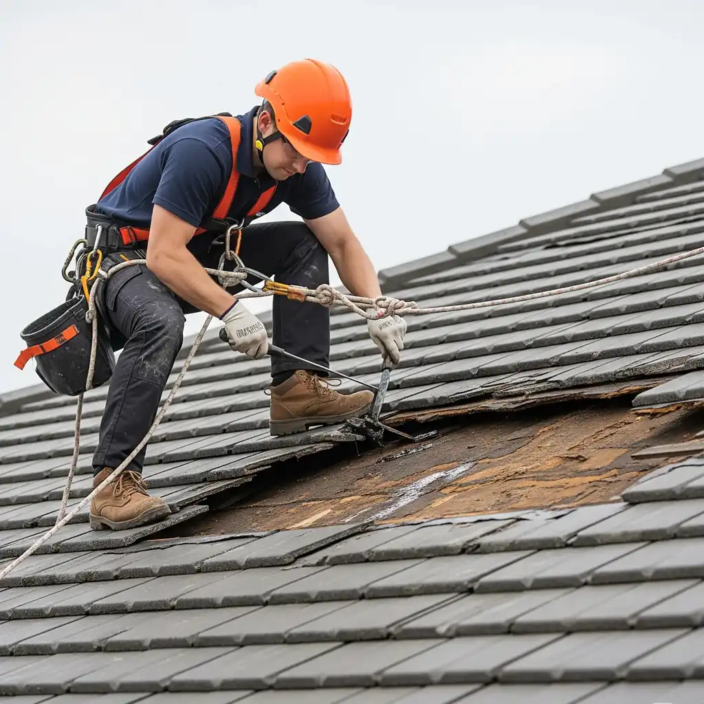 Roofer repairing a damaged tiled roof while wearing safety equipment