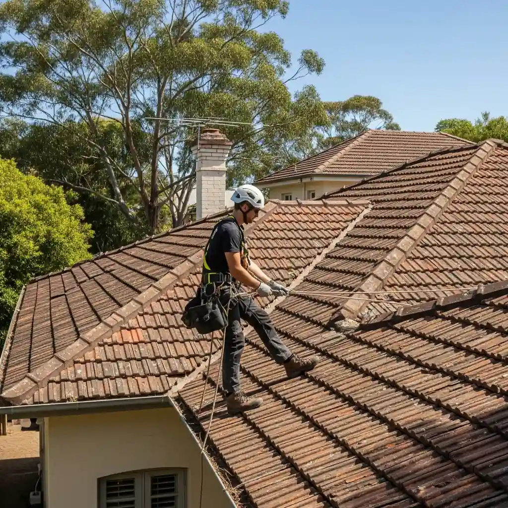 Roofer carrying out a roof inspection on a tiled Sydney home