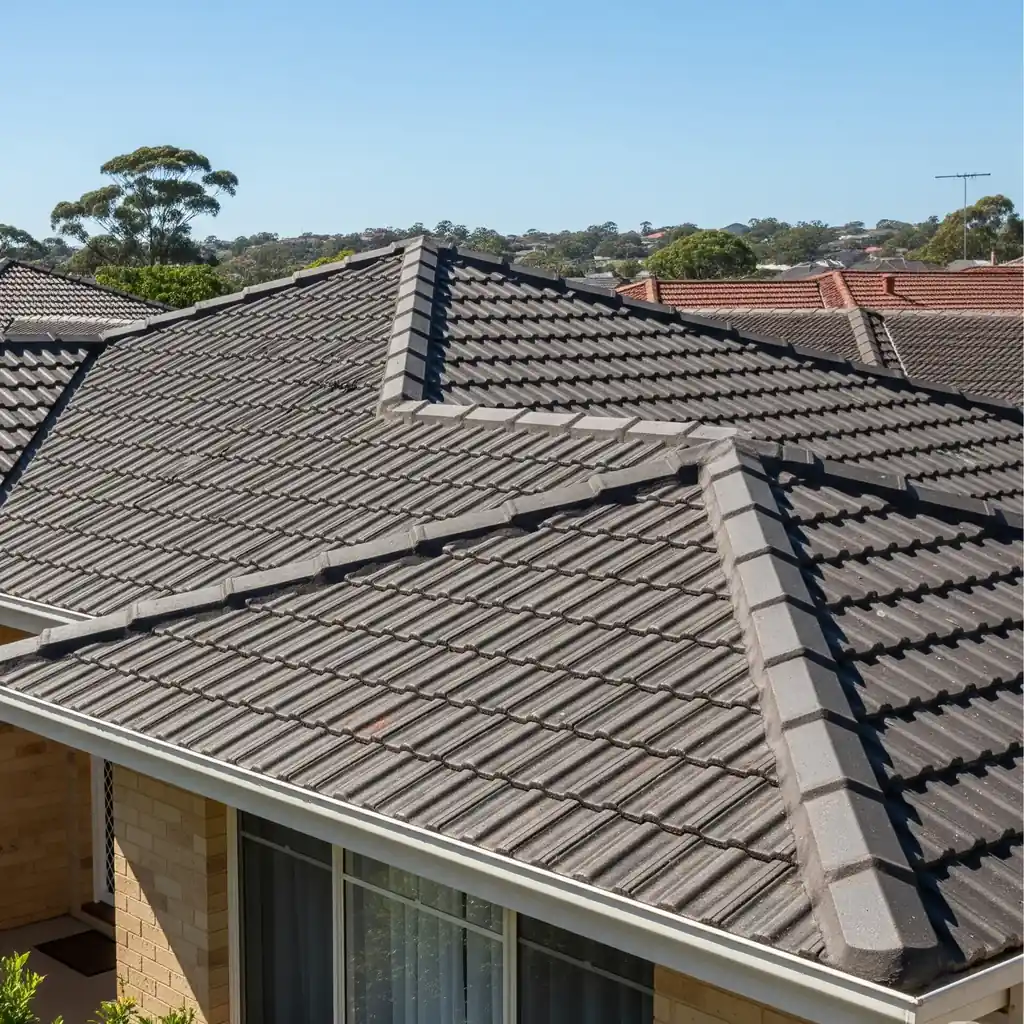 Grey tiled roof showing ridge capping along the roof ridges and hips