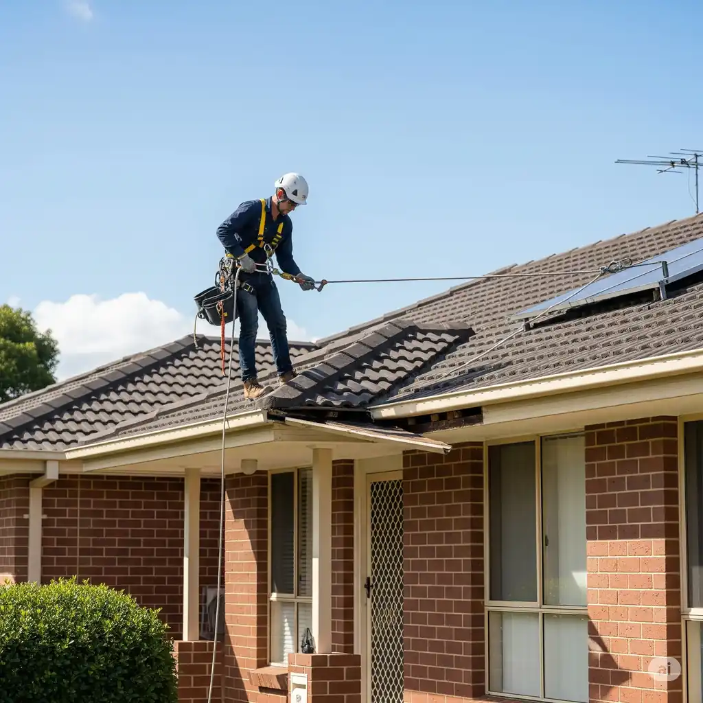 Roofer working safely on a tiled residential roof in Sydney