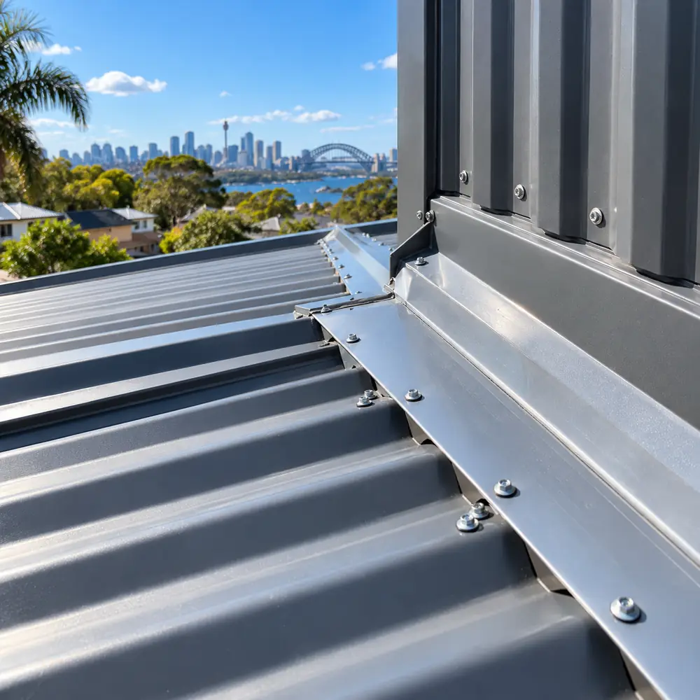Corrugated metal roof flashing and fasteners on a Sydney property