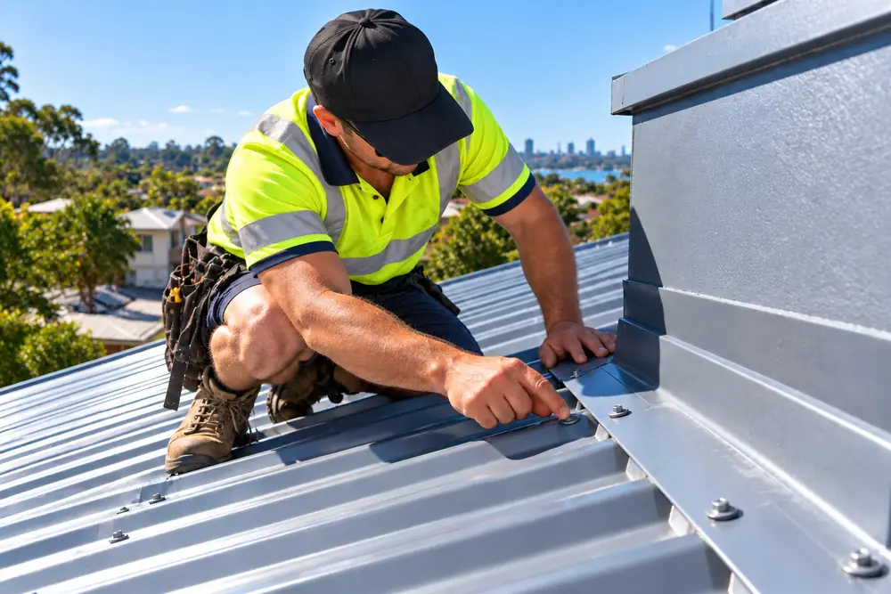 Metal roof repair technician inspecting flashing and fasteners on a Sydney property