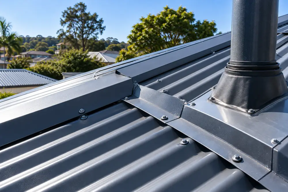 Corrugated metal roof flashing and fasteners on a suburban Sydney property