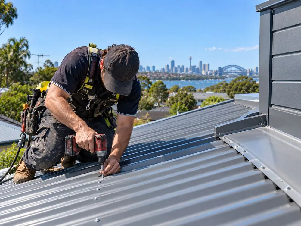 Metal roof repair technician securing fasteners on a corrugated metal roof in Sydney