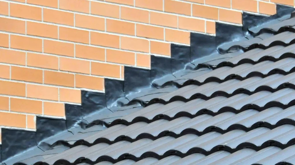 Stepped lead flashing installed along a brick wall where it meets a grey tiled roof in Sydney.